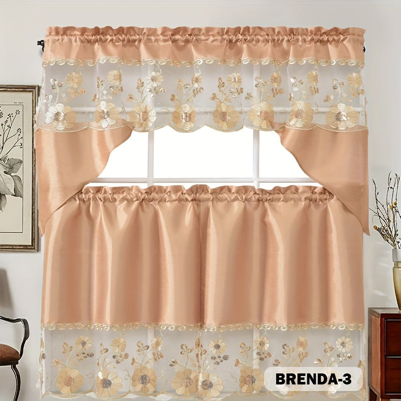 Three-Piece Patterned Kitchen Curtain Set with One Valance, Two Tiers and Forty-Six Exact Design Options