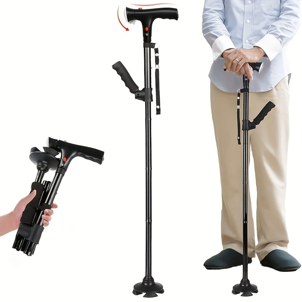Foldable Walking Cane for Seniors Adjustable Height Folding Stick with Wrist Strap T-Handle for Entryways, Bedrooms and Living Spaces
