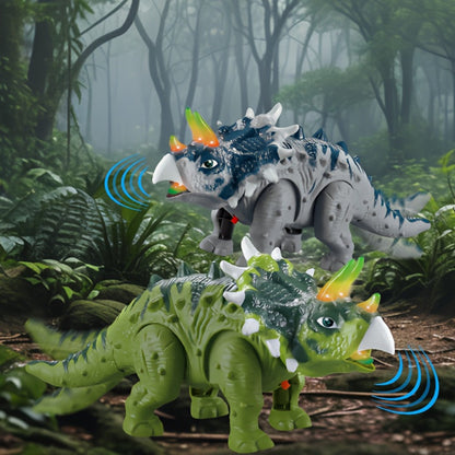 Walking Triceratops Dinosaur Toy with Roaring Sound, LED Lights and Green, Gray or Two-Piece Options