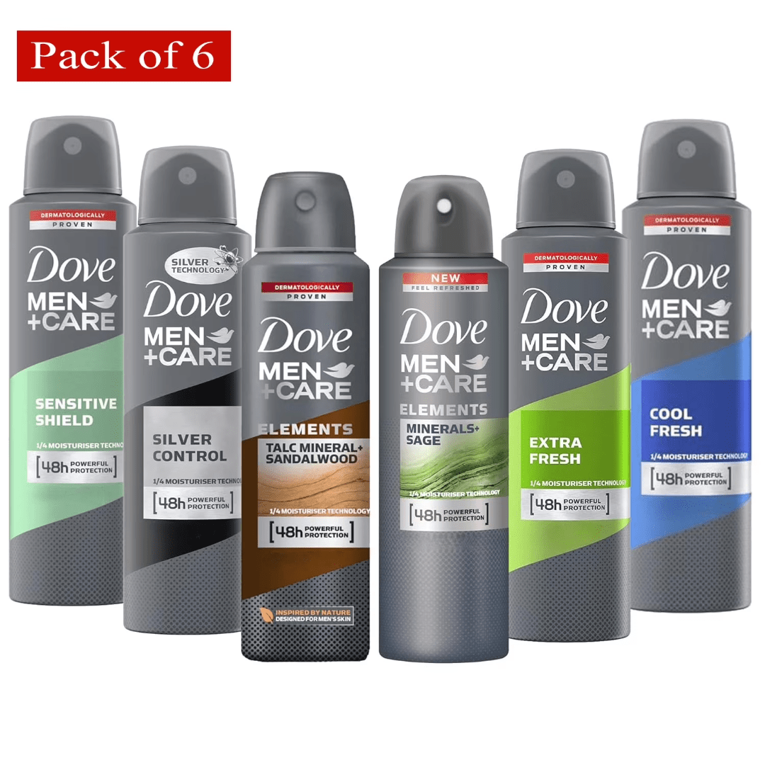 Dove Men+Care Dry Spray Antiperspirant Deodorant Pack of 6 – 150mL Each (5 fl oz), 48H Protection, Alcohol-Free, Assorted Scents, Total 30 fl oz