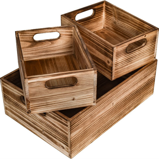 Wooden Crates with Handles Set of 3 – Rustic Farmhouse Storage Boxes for Pantry, Shelf, Closet, Arts & Crafts, Home Organizer Decorative Wood Crate Display Boxes Brown