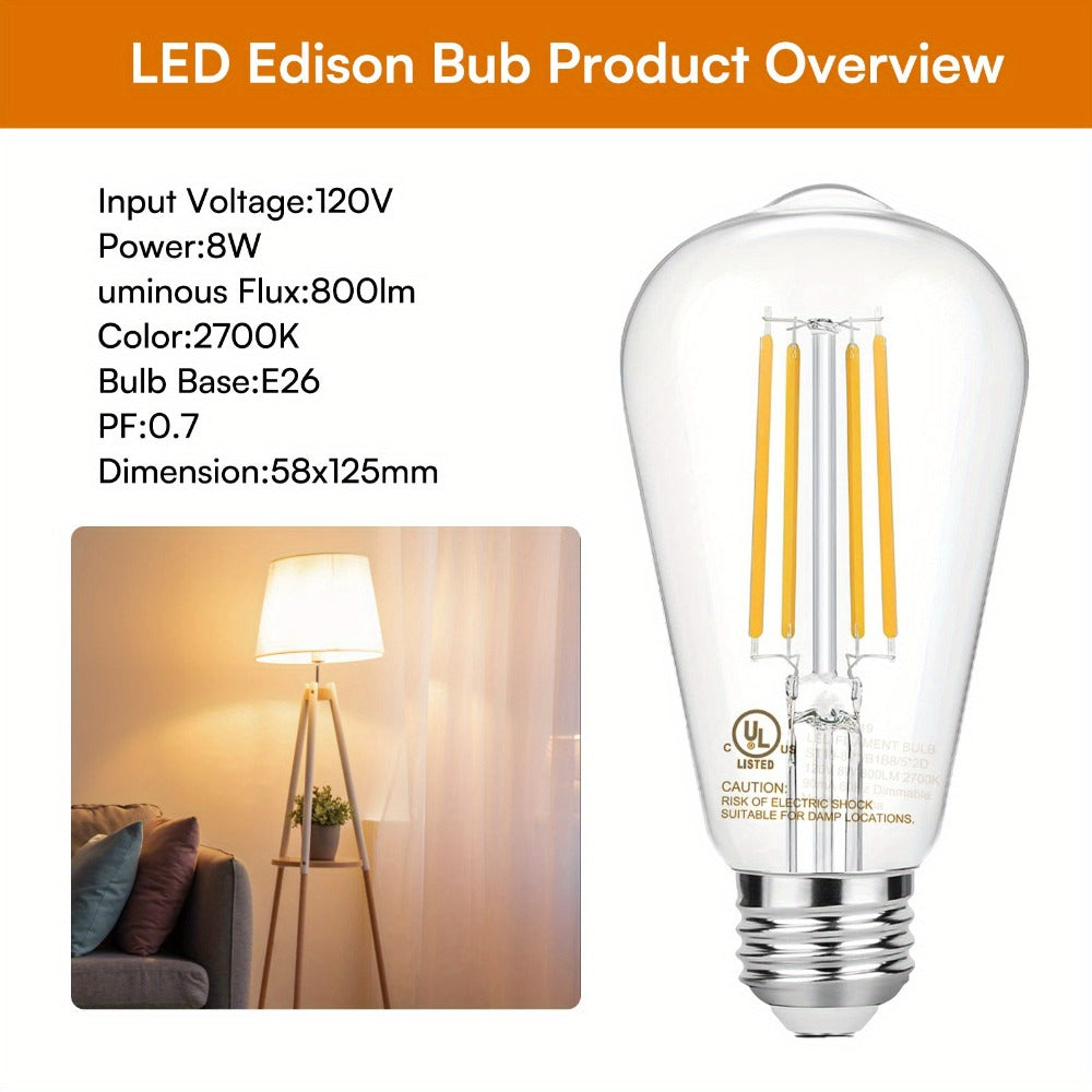 ST58 Vintage Edison LED Filament Bulbs, 8 W with Dimmable E26 Base and 2700 K Warm White, 12 or 24 Packs