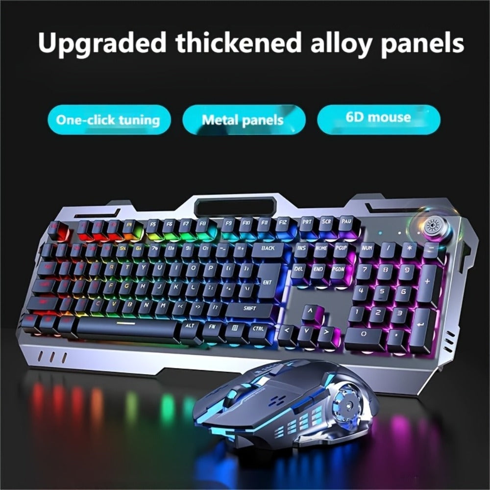 Gaming Keyboard Wired 104 Keys Full Metal Panel – LED Color Backlight, Multimedia Knob, Faux Mechanical Feel, USB, Ergonomic Design with Phone Holder | Keyboard or Keyboard & Mouse Combo