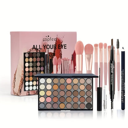 Makeup Kit with 40-Color Eyeshadow Palette, Mascara, Eyeliner, Eyebrow Pencil and Pink-Handled Brushes