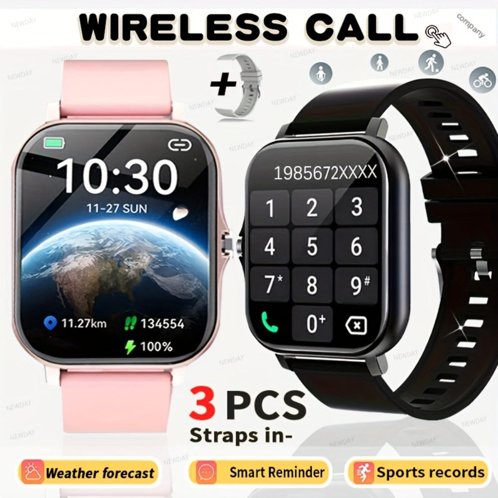 Smartwatch with 3 Straps Set 1.83" Full Touch Screen – Wireless Calling Multi Sport Mode Navigation Remote Camera Music USB Rechargeable for Men Women Black Pink Silver Gold