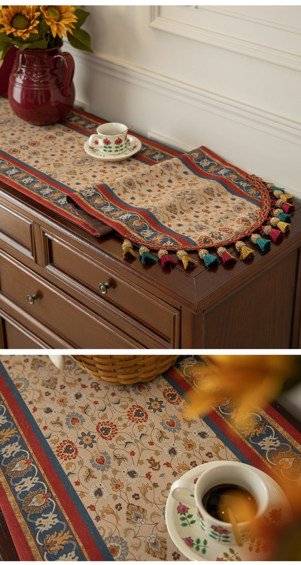 Tasseled Floral Table Runner with 15.75-Inch Width and Three Length Options for Dining Tables