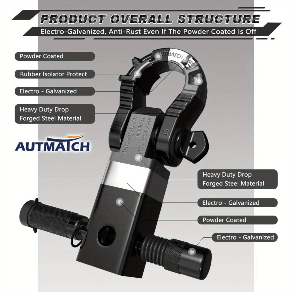 Shackle Hitch Receiver 2-Inch 68,000 lb Break Strength with 3/4" D-Ring & 5/8" Hitch Lock Pin – Heavy Duty Drop Forged Steel 8-Ton Vehicle Recovery Tow Hitch, Multi-Color