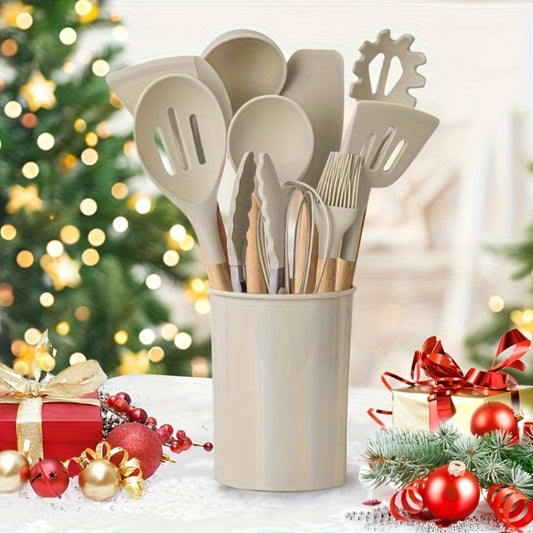 Silicone Kitchen Utensil Set 13 Piece with Wooden Handles Non-Stick Safe Heat Resistant Cooking Tools Spatula Spoon Ladle Set for Cooking Baking Dorm Essentials
