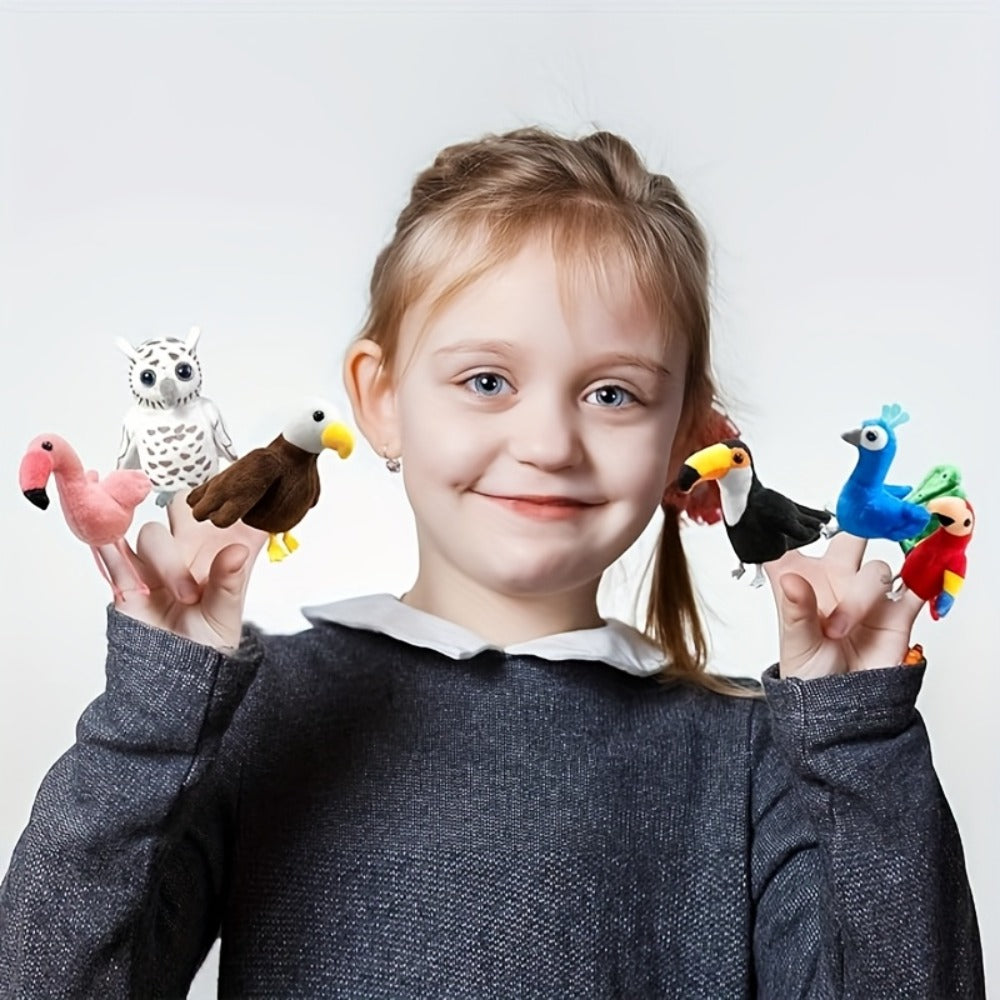 Six-Piece Bird Finger Puppet Set with Parrot, Peacock, Toucan, Flamingo, Owl and Eagle Designs