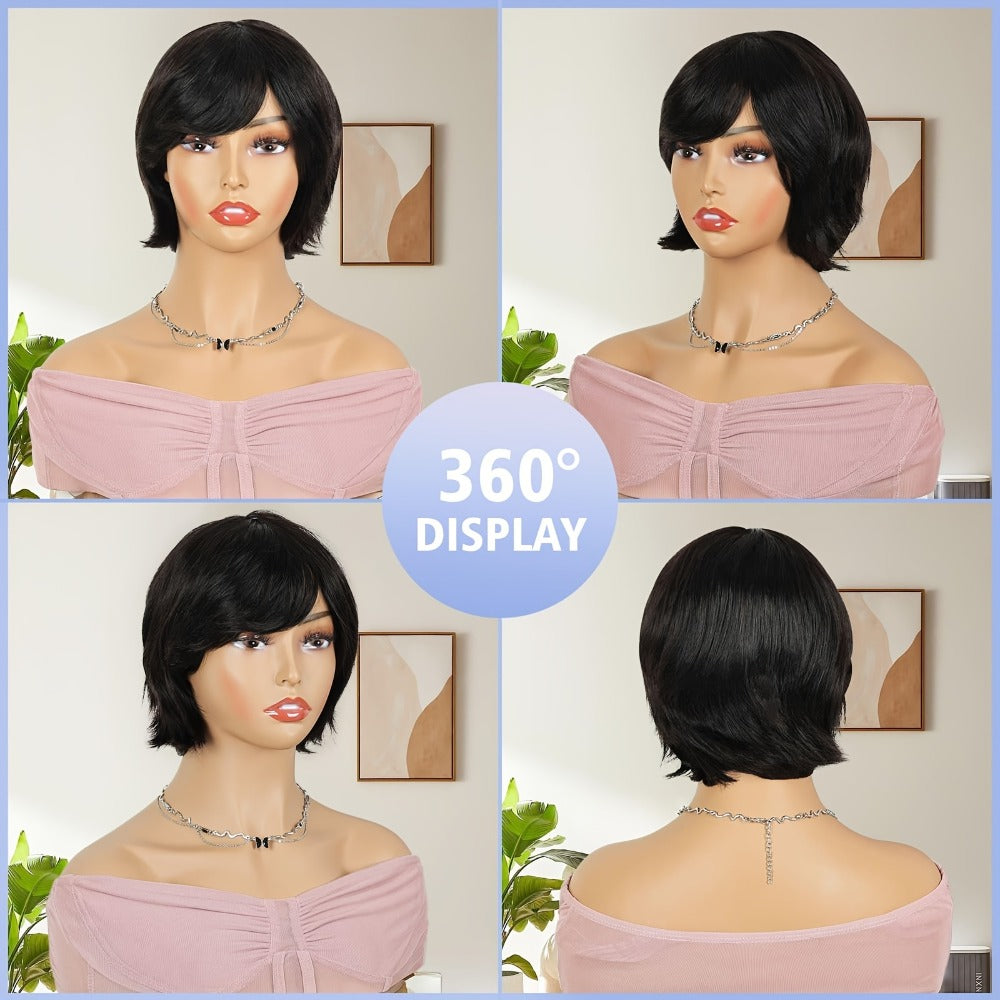 8-Inch Curly Pixie Bob Human Hair Wig in Black with Bangs, 150% Density and Machine-Made Cap