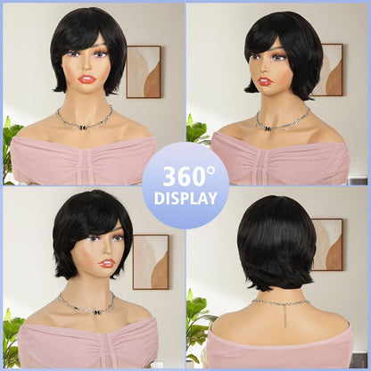 8-Inch Curly Pixie Bob Human Hair Wig in Black with Bangs, 150% Density and Machine-Made Cap