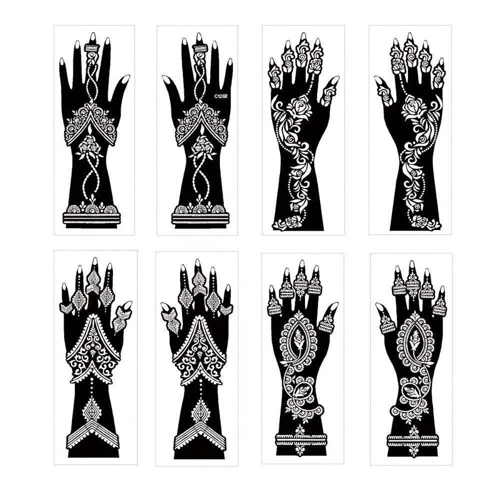 Eight-Piece Hand Tattoo Stencil Set with Long Henna-Style Floral Patterns in SM012 or SM013