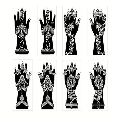 Eight-Piece Hand Tattoo Stencil Set with Long Henna-Style Floral Patterns in SM012 or SM013