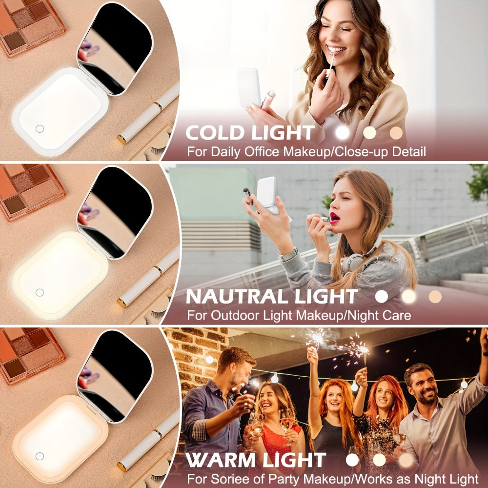 USB-Rechargeable LED Compact Mirror with 1X and 10X Sides, Three Light Colors and Pink or White Cases