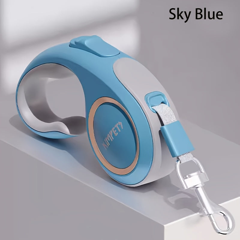 Retractable Dog Leash with 16-Foot Tape, One-Button Lock and Six Champagne, White or Blue Size Options