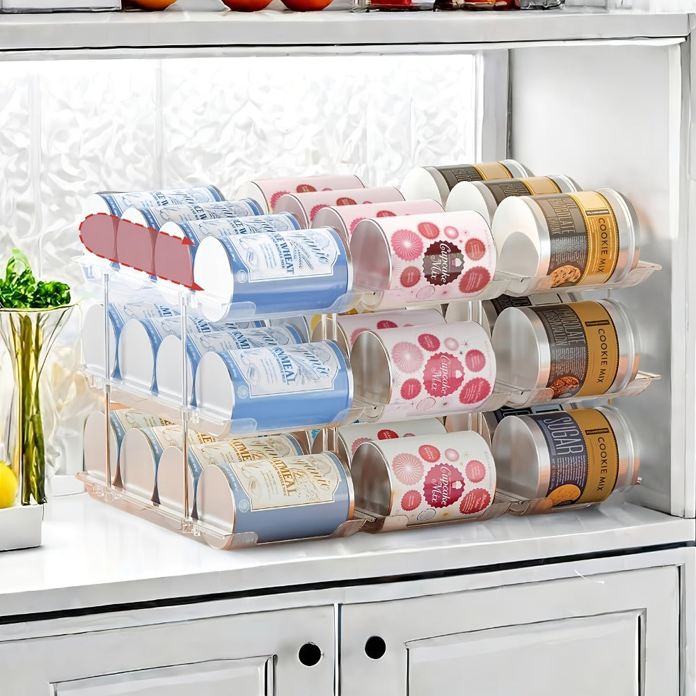 Can Storage Organizer 36-Can 3-Tier Auto-Rolling PET Rack with Tool-Free Assembly for Pantry Use