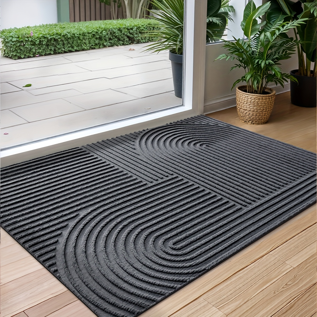 Time Arc Door Mat with Geometric Groove Pattern in Black, Gray or Brown and Two Rectangular Sizes