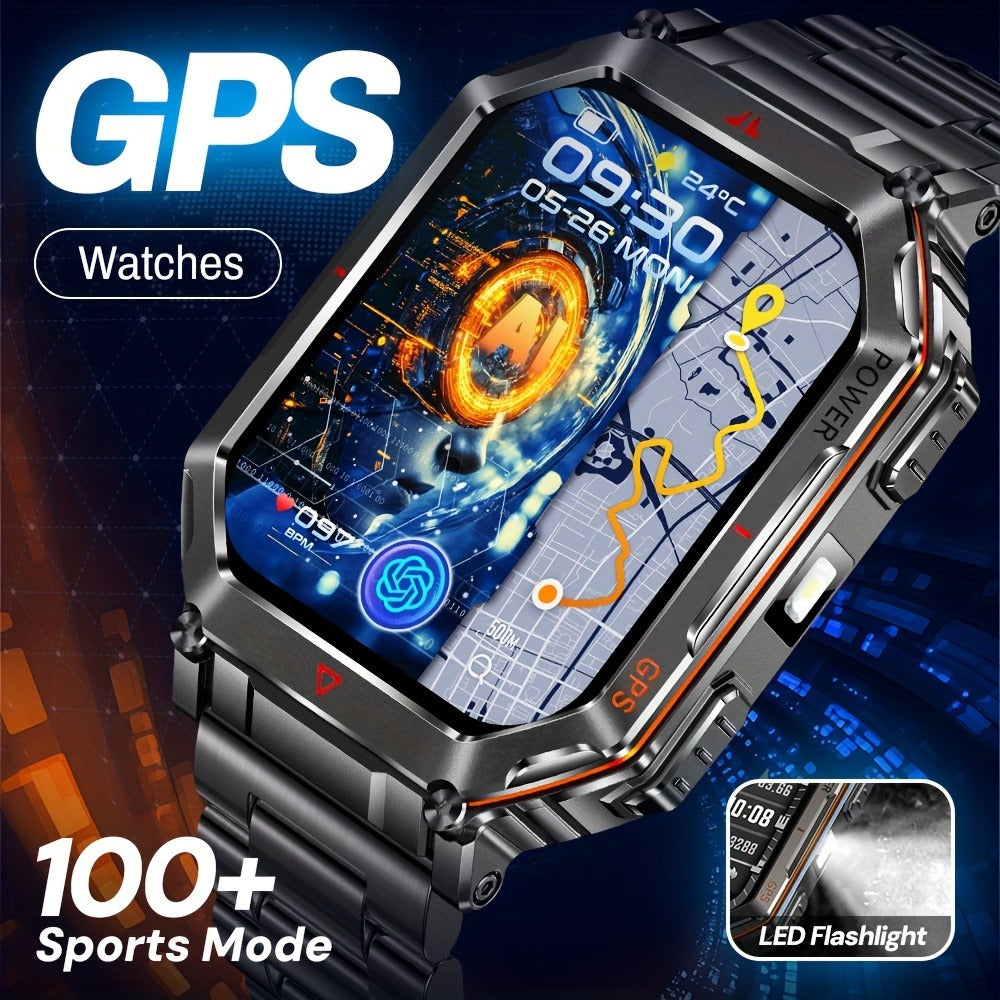 GPS Outdoor Smartwatch All-Metal Body, IPX8 Waterproof, Built-in GPS, Altimeter Barometer & Compass, LED Flashlight, Bluetooth Calling & Message Alerts, Silicone or Steel Strap – Rugged Adventure Watch for Men