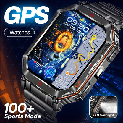 GPS Outdoor Smartwatch All-Metal Body, IPX8 Waterproof, Built-in GPS, Altimeter Barometer & Compass, LED Flashlight, Bluetooth Calling & Message Alerts, Silicone or Steel Strap – Rugged Adventure Watch for Men