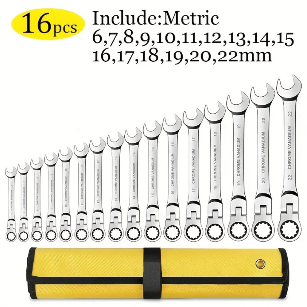 16-Piece Metric Flex-Head Ratcheting Wrench Set with 6 to 22 mm Sizes, 180-Degree Heads and Organizer Roll