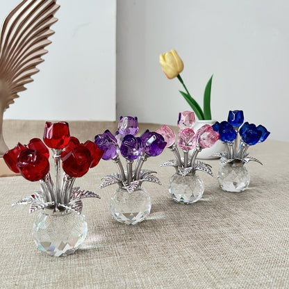Glass Rose Floral Sculpture in Blue or Purple with Five Faceted Blooms and Silver-Tone Leaves for Display