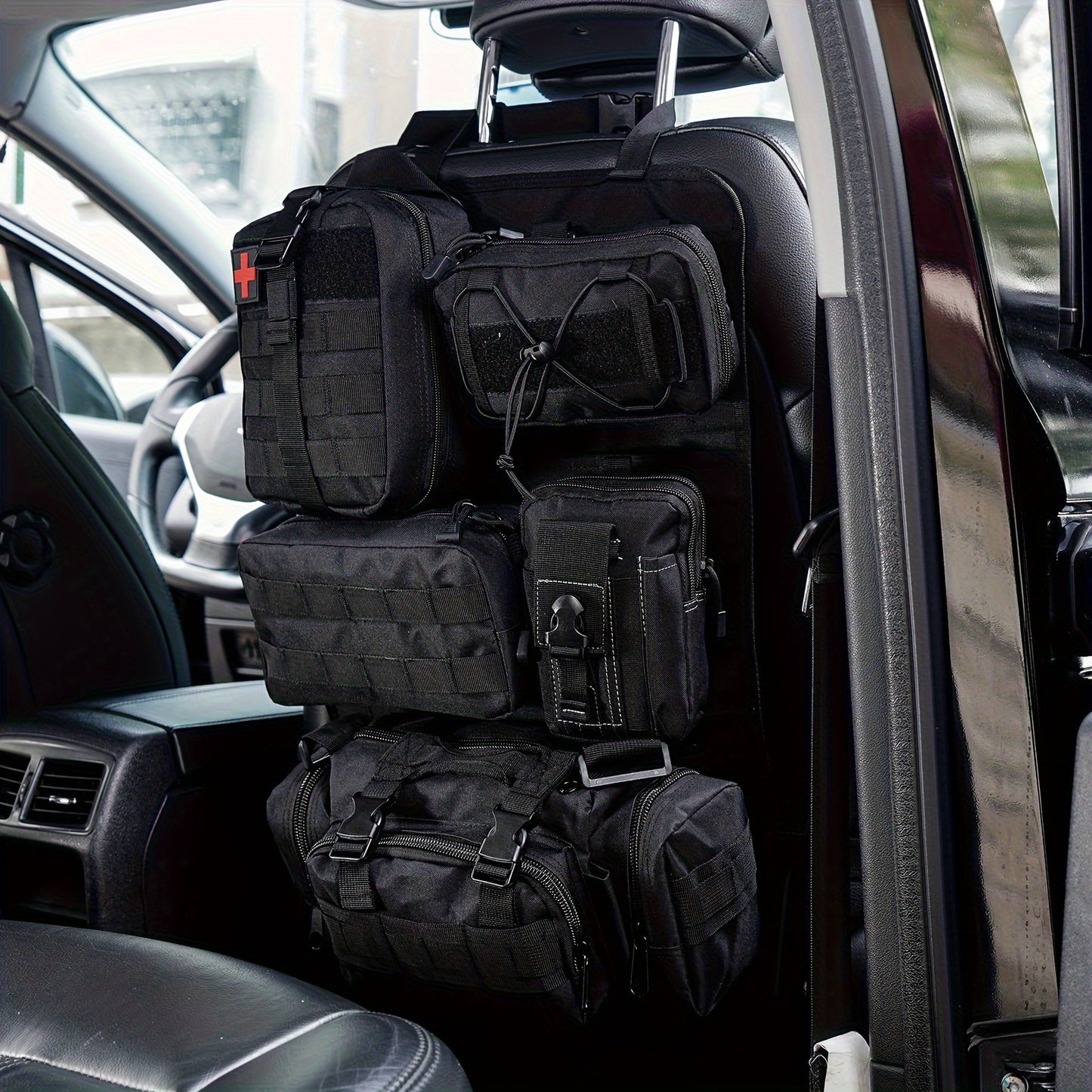 Tactical Car Seat Organizer – MOLLE Nylon Seat Back Storage Bag with 5 Pockets, Front & Rear Seat Protector for Jeep, Truck, SUV | Car Interior Accessories for Men & Women