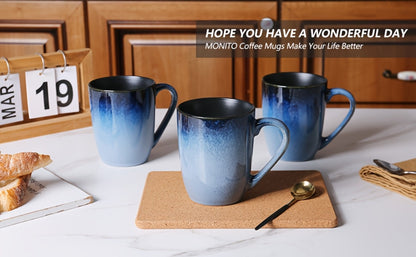 Six-Piece Blue Gradient Coffee Mug Set with Straight Handles and 14-Ounce Capacity Label Pictured