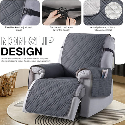 Quilted One-Piece Recliner Chair Cover with Side Pocket, Back Strap and Six Solid Color Options