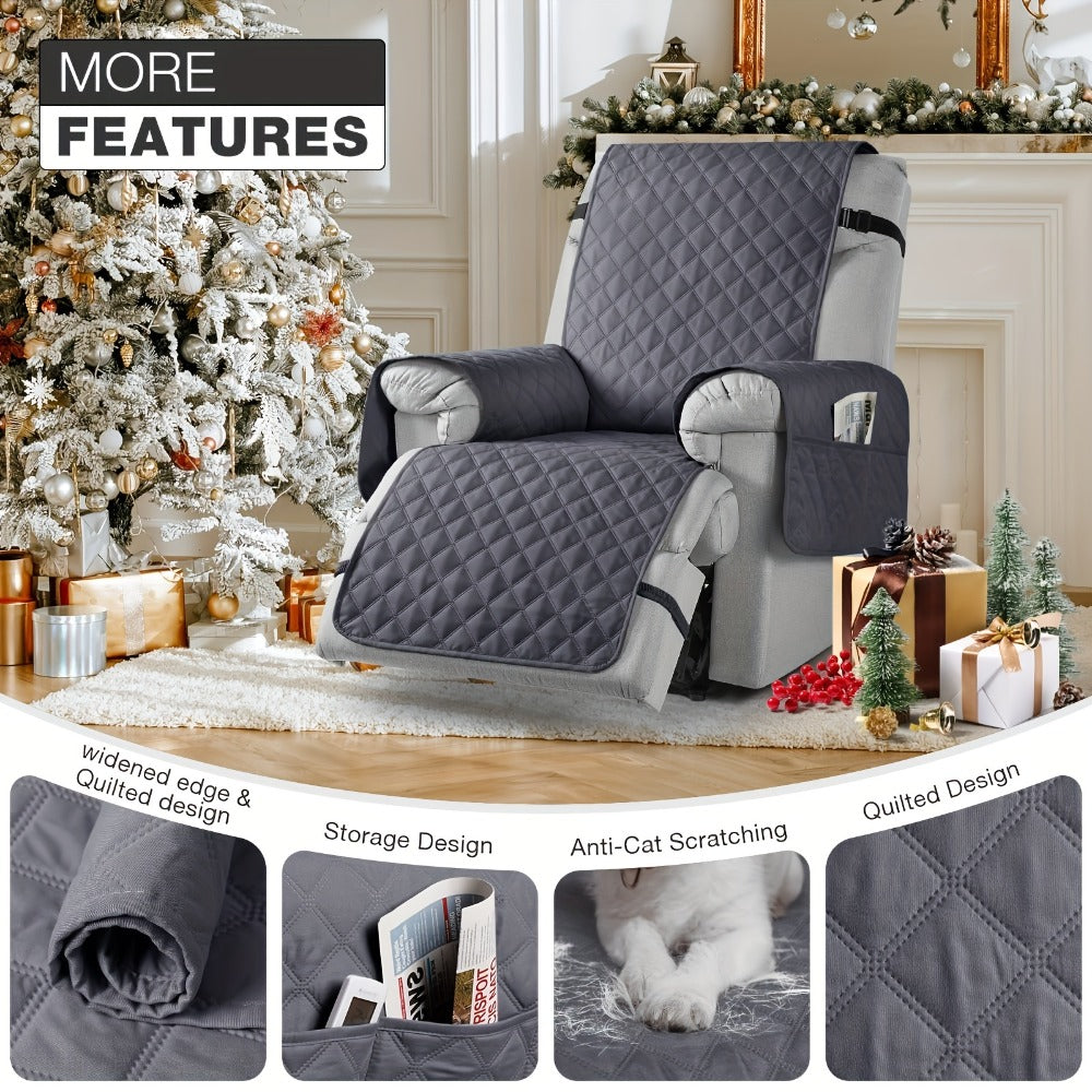 Chair Cover Quilted Recliner Throw with Side Pocket and Adjustable Strap in Seven Available Colors