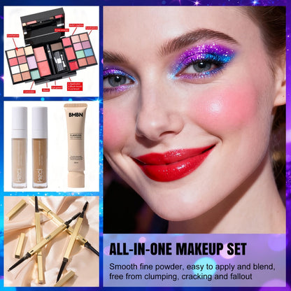 Silvery Makeup Kit Gift Box with Mirror Lipstick Eyeshadow & Blush – Multi-Functional Portable Complete Beauty Cosmetic Set for Teens Beginners Women Multiple Shades