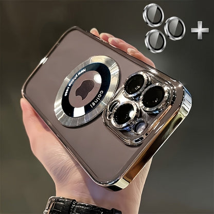 Electroplated Transparent iPhone Case with Hollow Logo Display Built-In Lens Film Magnetic Wireless Charging Shockproof TPU Cover for iPhone 17 16 15 14 13 12 11 Air Pro Max Plus – Luxury Metallic Finish