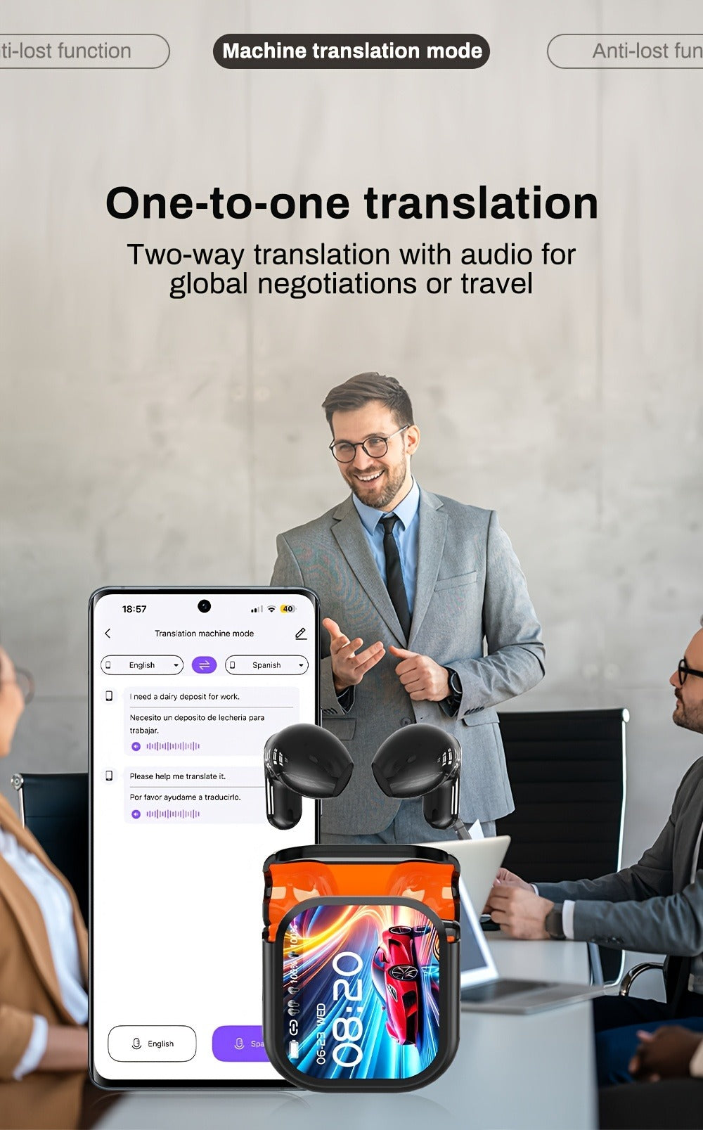AI Translation Earphones Real-Time 134 Languages TWS Wireless Bluetooth Earbuds HTC NE20 HD Screen Touch Control High Fidelity Sound Long Battery Life for Travel Business Daily Wear