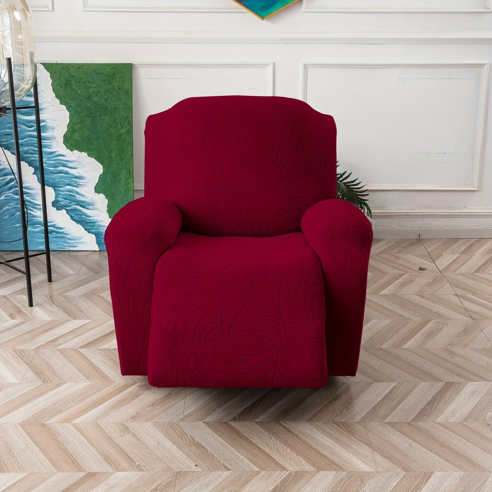 Four-Piece Recliner Chair Cover Set with Leaf Jacquard Pattern, Side Pocket and Six Color Options