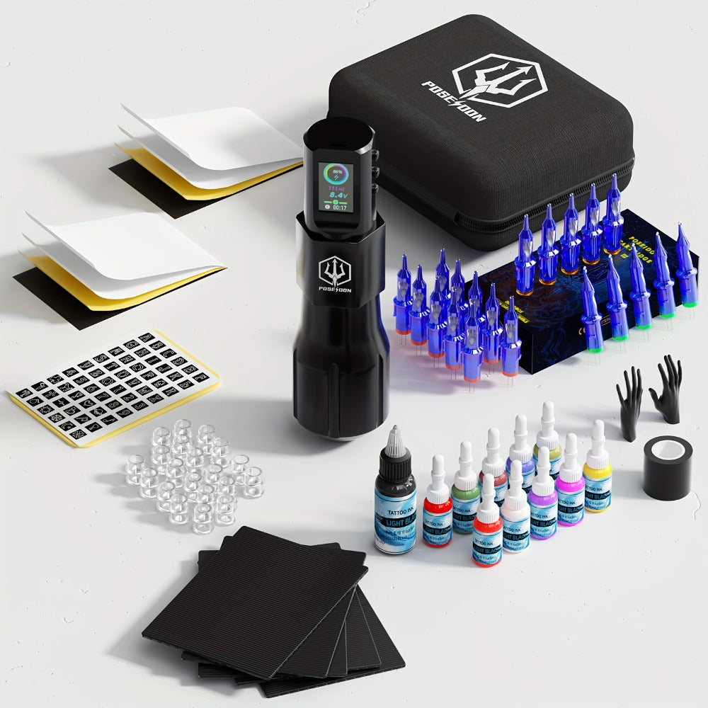 POSEIDON LTK08 Tattoo Kit with 1800mAh Color-Display Pen, 20 Cartridges, 11 Inks and Carry Case