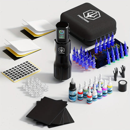 POSEIDON LTK08 Tattoo Kit with 1800mAh Color-Display Pen, 20 Cartridges, 11 Inks and Carry Case
