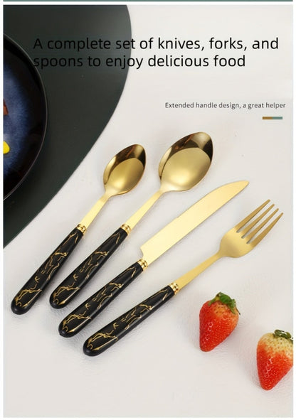 Stainless Steel Flatware Set 24pcs Marbled Handle Knives Forks Spoons with Gift Box & Storage Rack