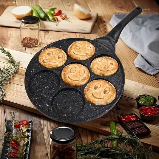 Non-Stick Pancake Pan 7-Hole Smiley Face – Fun Breakfast Egg & Bacon Frying Tray for Kids & Family, Easy to Clean, Mini Pancake Maker Baking Pan Kitchen Cooking Tool