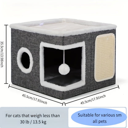 Cat House Foldable Multi-Layer 2-Tier Bed Toy Tunnel Scratching Post Plush Hanging Ball Canvas Nylon Frame All-Season Indoor Cat Cube Enclosure Gray Classic