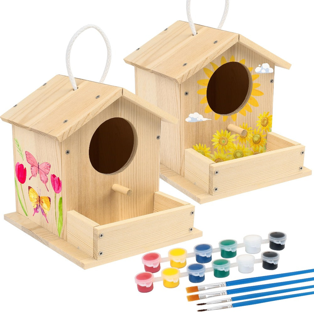 Wooden Birdhouse Build and Paint Craft Kit with Panels, Fasteners, Paints and Brushes in One or Two Packs