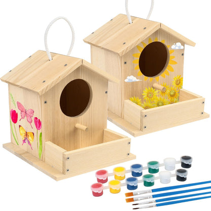Wooden Birdhouse Build and Paint Craft Kit with Panels, Fasteners, Paints and Brushes in One or Two Packs