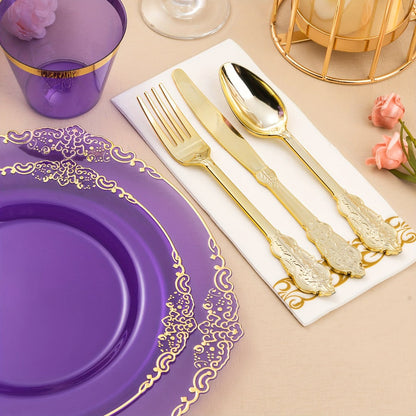 Disposable Party Plates Set 175 Pieces for 25 Guests Clear Plastic Plates with Gold Trim, Includes Dinner Plates Dessert Plates Cups Napkins Gold Silverware for Wedding Birthday Party Christmas