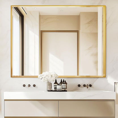 Bathroom Vanity Mirror Wall Mounted Metal Frame Rectangle – Anti-Rust Farmhouse Mirror in Matte Black, Gold & Silver, Multiple Sizes, Horizontal or Vertical Hang