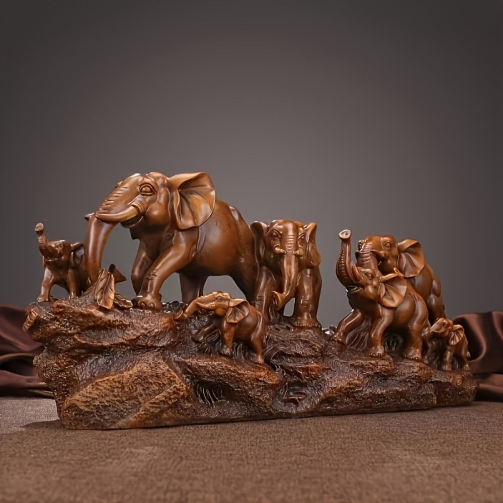 Elephant Family Figurine with Resin Herd Sculpture on Textured Base, 36 x 16 x 10cm Horizontal Shelf Format