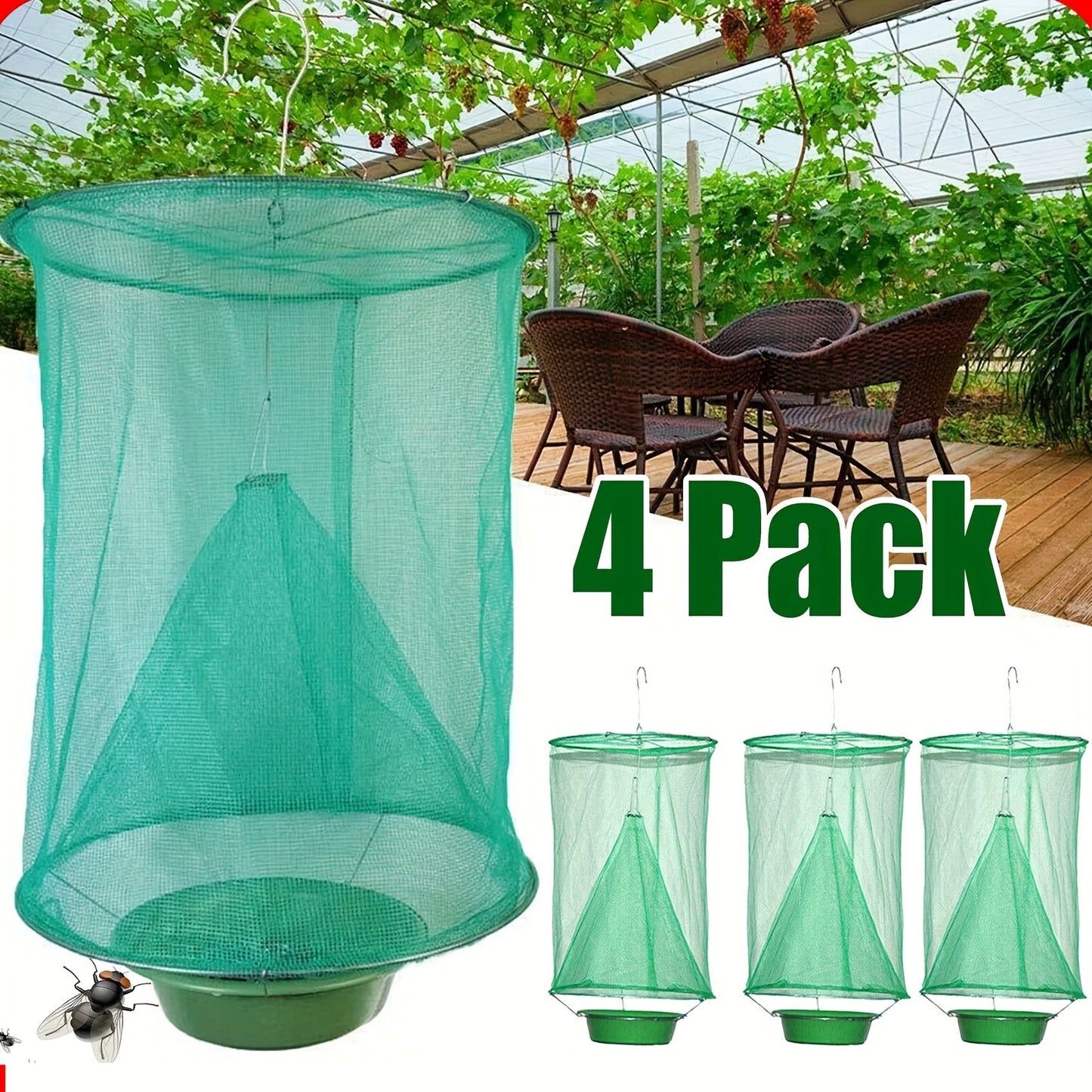 Green Hanging Mesh Fly Trap Cages with Removable Bait Bowls in Two-Pack or Four-Pack Options