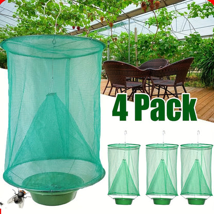 Green Hanging Mesh Fly Trap Cages with Removable Bait Bowls in Two-Pack or Four-Pack Options