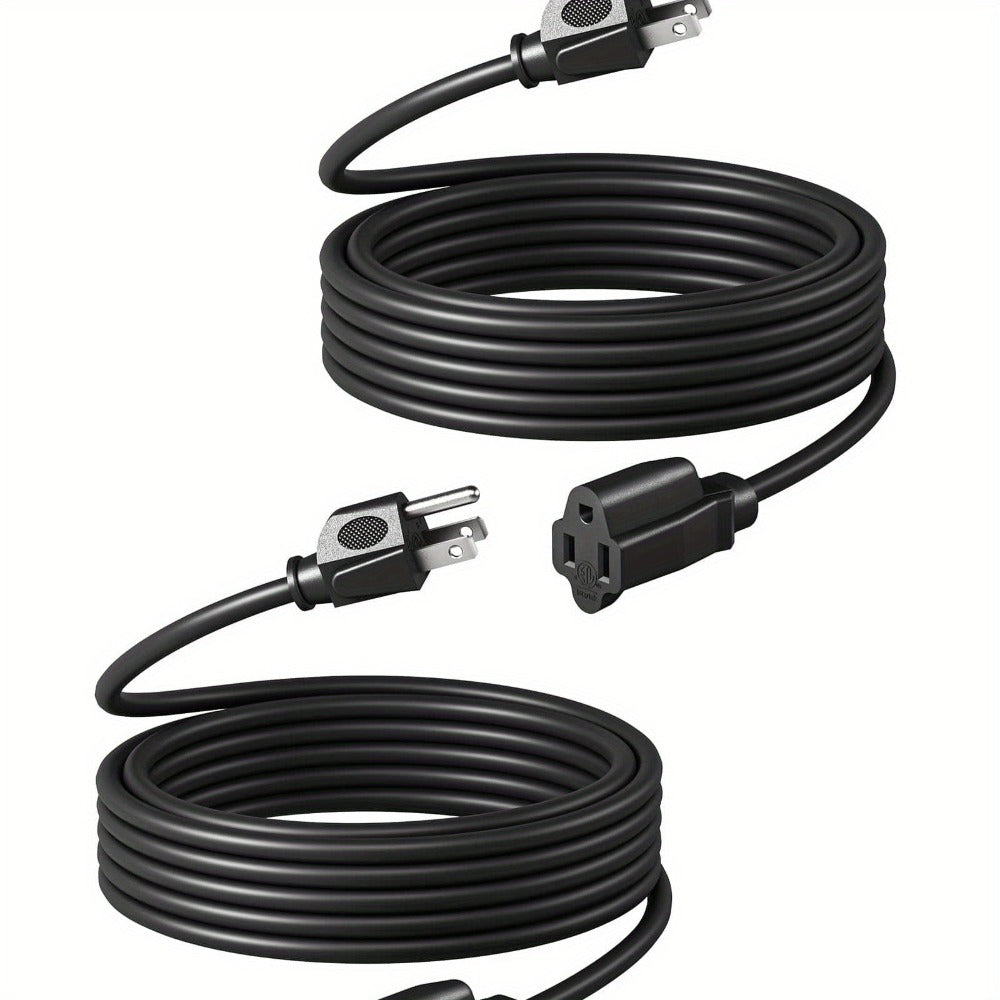 Two-Pack 20-Foot 16/3 Extension Cords in Black with Grounded Three-Prong Plug and Single Outlet