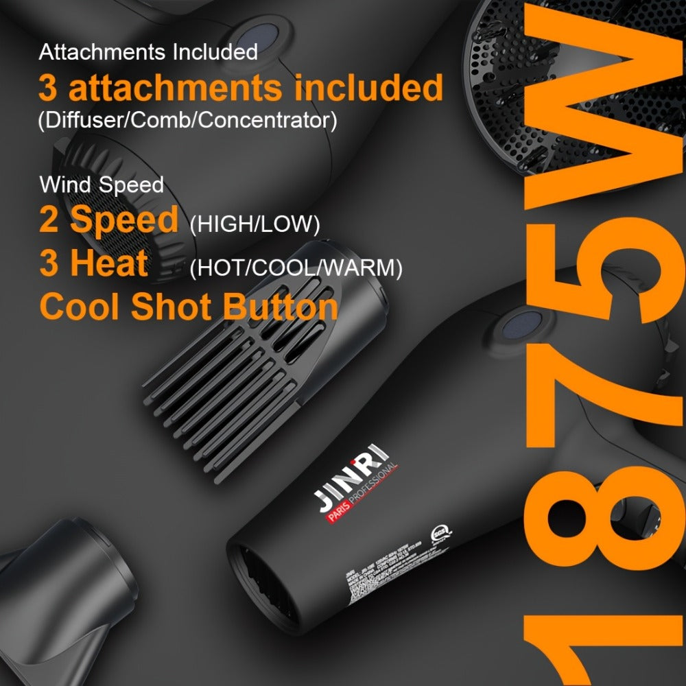 JINRI 1875W Hair Dryer with Three Heat Settings, Two Speeds and One- or Three-Accessory Package Options