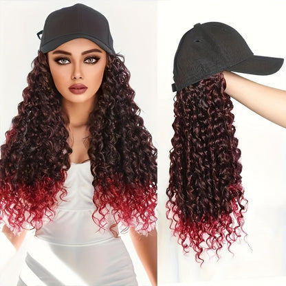 Afro Kinky Curly Baseball Cap Wig for Women 18 Inch Hat and Wig Combo Adjustable Elastic Net Long Synthetic Curly Hair Multi-Color Casual Daily Outdoor Wear