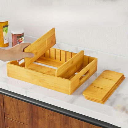 Bamboo Lid Organizer for Kitchen Cabinet with 5 Adjustable Dividers - Tupperware Lid Holder for Food Container Lids