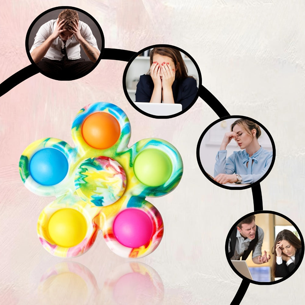 Thirty-Two-Piece Bubble Pop Fidget Spinner Assortment with Colorful Mixed Flower and Round Shapes